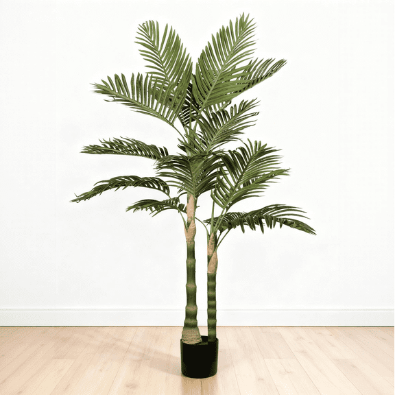 5FT Golden Cane Artificial Palm Tree with Black Plastic Pot, Tropical Fake Plant for Indoor Outdoor Decoration, Faux Palm, 1pc/set