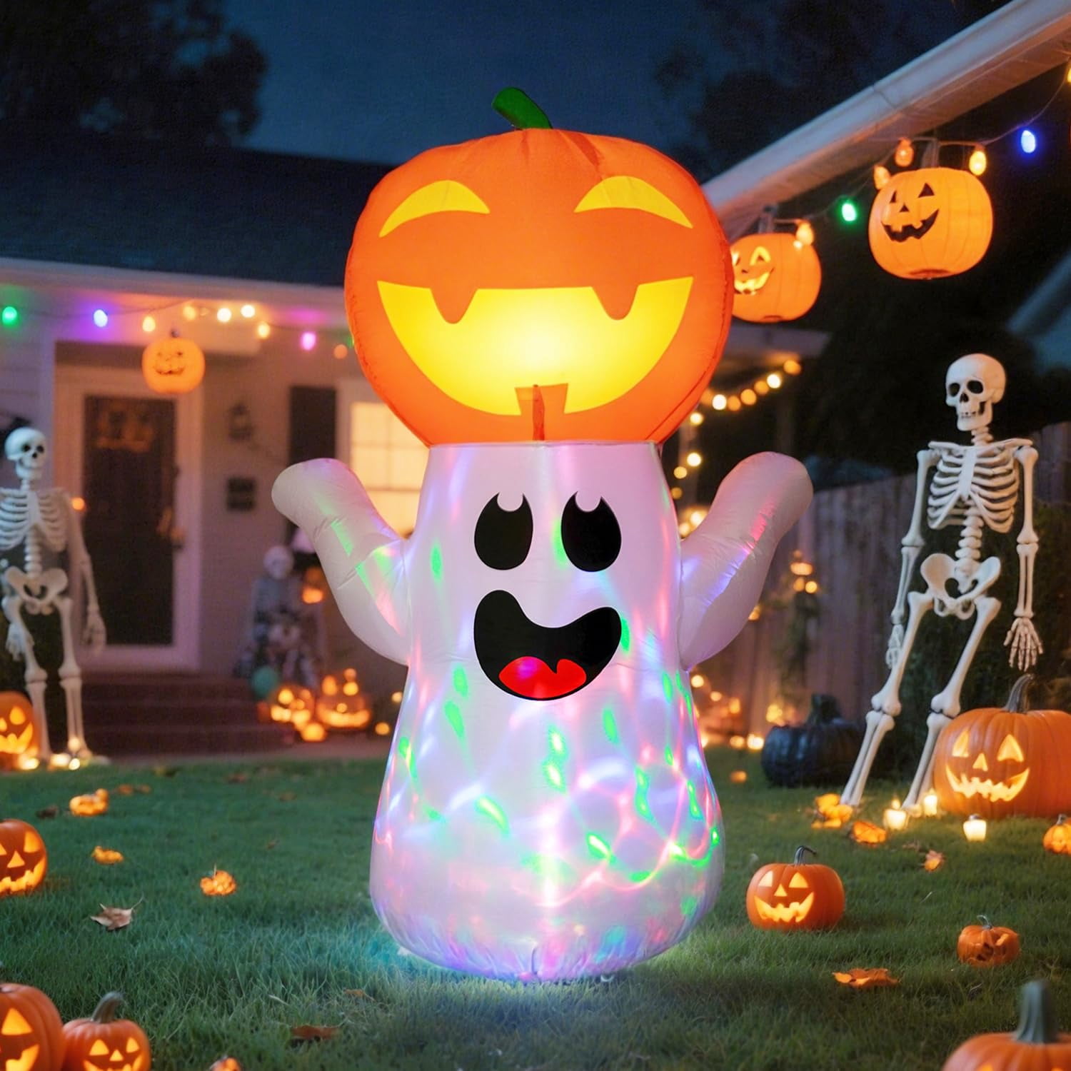 5FT Halloween Inflatable Pumpkin Ghost with 360° Colorful Rotating LED ...
