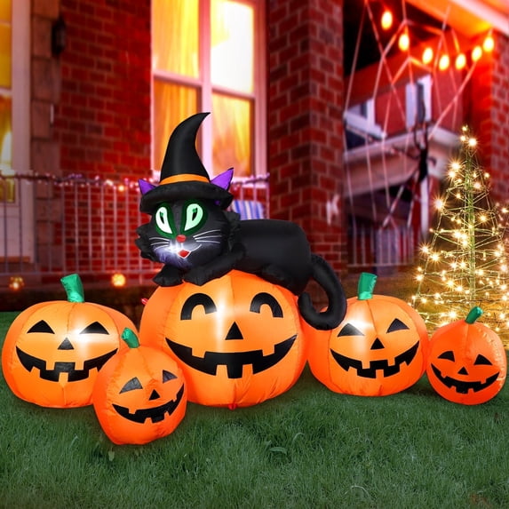 5FT Halloween Inflatable Pumpkin Outdoor Decoration, Lighted Blow Up Yard Decor, 5PCS Pumpkins with Witch’s Black Cat Built-in LED Lights for Balcony Home Holiday Party Lawn Patio Outside Events Prop
