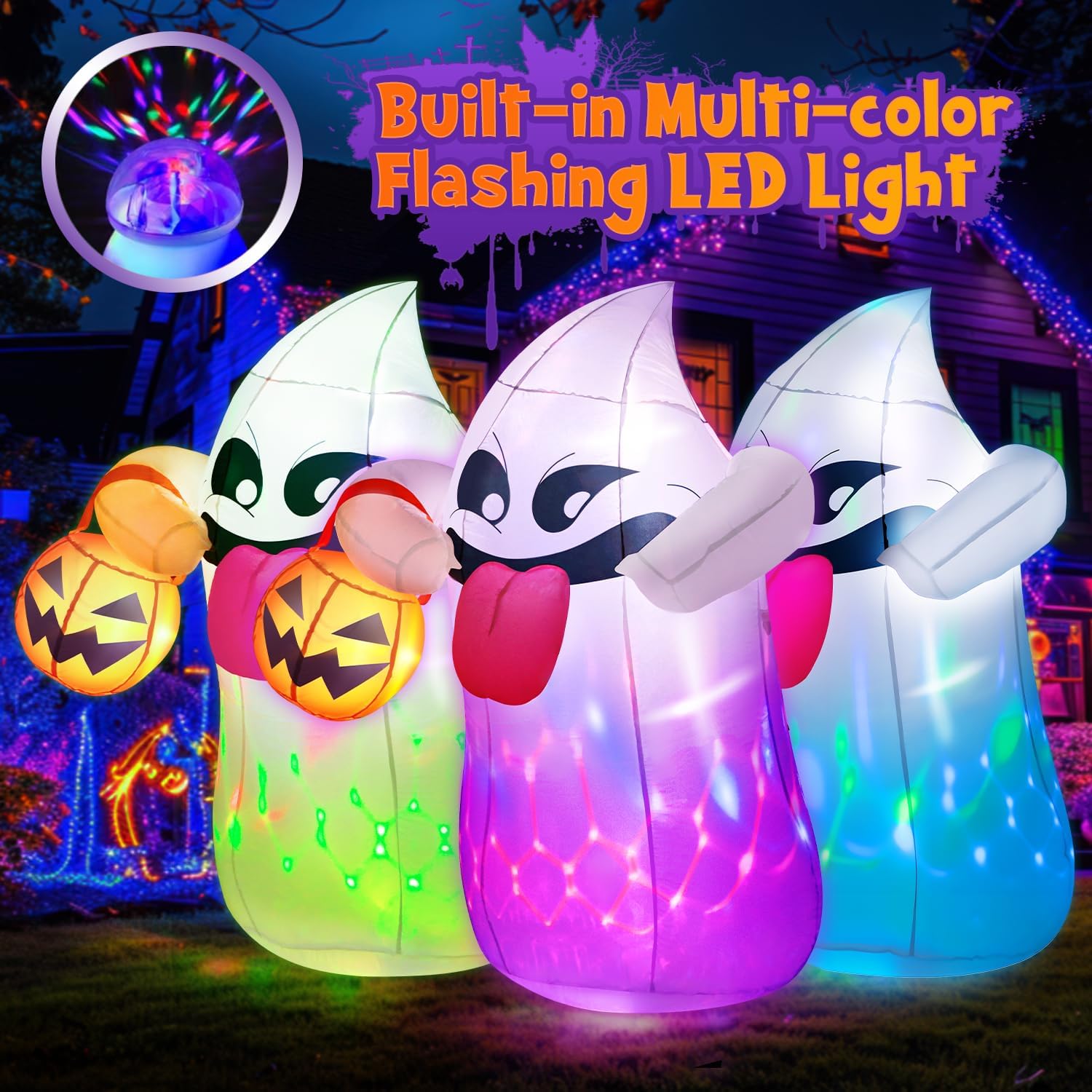8.5 Ft Halloween Inflatable Pumpkin With Ghost & Tombstone - Outdoor Yard Decoration With LED Lights