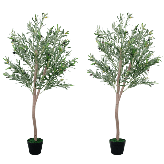 5FT Indoor Faux Olive Tree, Artificial Plant with Natural Wood Trunk, Lifelike Fruits and Matching Planter for Home Living Room Decor