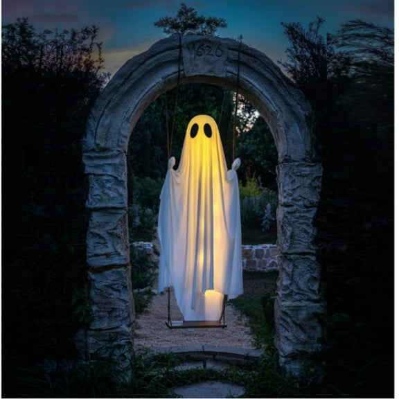5FT Large Hanging Swing Ghost Halloween Decoration - 5FT Halloween Hanging Swing Ghost Decor with String Lights, Timed Function, 13FT Adjustable, Halloween Outdoor Decor Yard