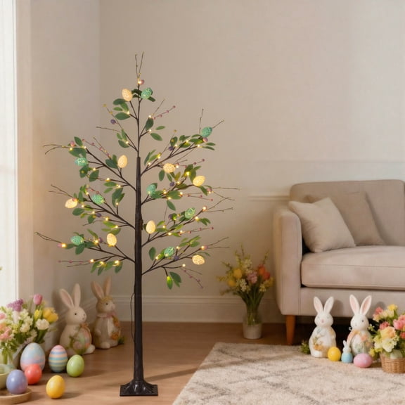 5FT Lighted Easter Tree with Timer, Easter Decorations for Home & Porch, Pre-Lit Egg Trees with LED Lights & Colorful Eggs, Indoor Outdoor Spring Decor Party & Office Decoration
