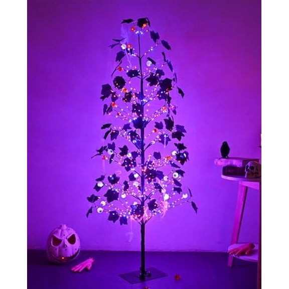 5FT Lighted Halloween Tree with 518LED Twinkling Lights,Black Spooky Tree with Eyeballs Pumpkin Ornaments for Indoor Outdoor Halloween Party Decoration (Purple Orange)$$Home Decor, Kitchen, & Other