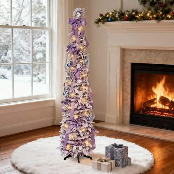 5FT Lighted Pop Up Christmas Tree with 50 LEDs, Pre-Lit Purple Collapsible Christmas Snowy Flocked Tree Artificial Pencil Tree Xmas Decoration for Halloween Holiday Wedding Home Office Party