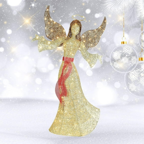 5FT Outdoor Angel Christmas Decoration - Pre-Lit Outdoor Christmas Decorations Angels with 120 LED Lights - Elegant Winged Holiday Figure for Lawn with Bow, Halo, Extension Cord and Ground Stakes
