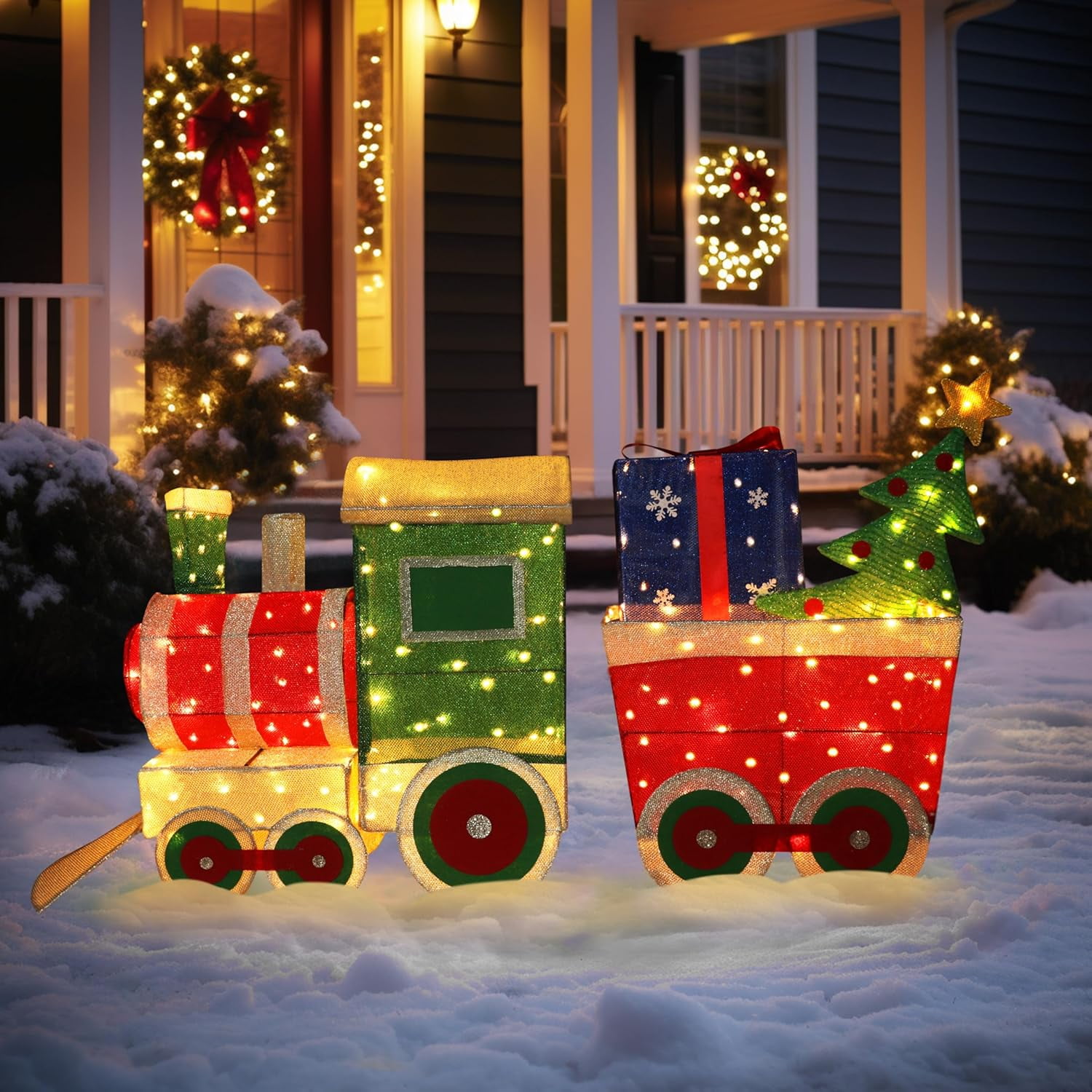 5FT Outdoor Christmas Decorations Train Set with 170 LED Lights