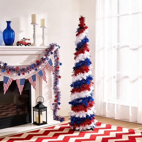 5FT Patriotic Tree 4th of July Decorations - Red White Blue Star Tinsel Tree for Independence Day Decor, Slim Holiday Centerpiece Display for Patriotic Party Decorations Memorial Day Home Decor