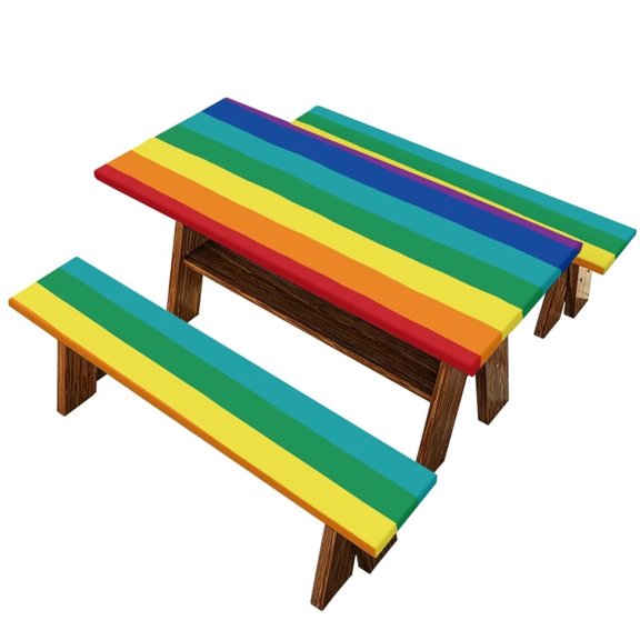5FT Picnic Table Cover with Bench Covers Set, 60" 3-Piece Waterproof Polyester Fitted Tablecloth with Elastic Edges, Rainbow Stripe Print