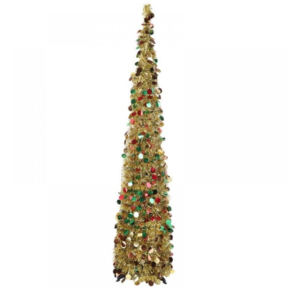 5FT Pop Up Christmas Tinsel Slim Trees with Plump Shiny Sequins,Collapsible Artificial Pencil Xmas Tree Reusable with Plastic Stand for Fireplace & Office & Classroom,Party Decor-Colorful Silver