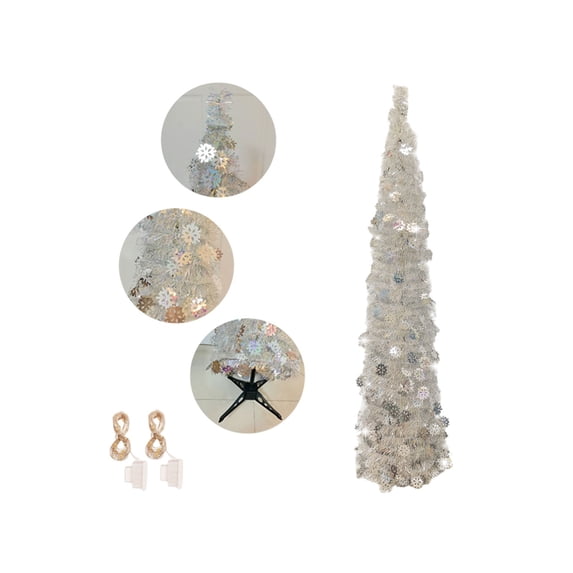 5FT Pop Up Christmas Tree with LED Lights and Tree Topper- Collapsible Artificial Tinsel Pencil Christmas Tree, Skinny Xmas Tree for Indoor Home Apartment Porch Holiday Party Decorations
