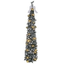 5FT Pop Up Christmas Tinsel Tree with 50 LED Lights and Sequins Ornaments, Easy-Assemble and Store for Xmas Home Holiday Fireplace Party Decorations