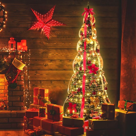 5FT Christmas Tree with Lights Artificial Prelit Pencil Automatic Collapsible Christmas Tree for Small Place Fully Decorated Christmas Decorations Pre-Decorated Xmas Tree