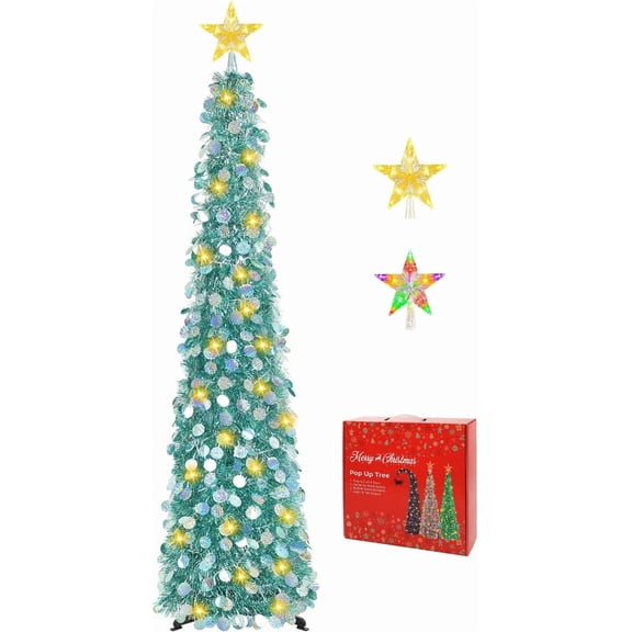 5FT Pop Up Christmas Tree with Lighted Top Star, Aqua Blue | 2-Color Top Star, Easy Assembly, PVC Tinsel Tree, 8 Modes, 6H Timer