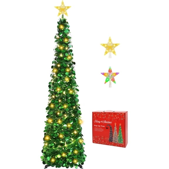 5FT Pop Up Christmas Tree with Lighted Top Star, Collapsible Pencil Tree | 2-Color Top Star, Easy Assembly, Green PVC Tinsel, 8 Modes, 6H Timer