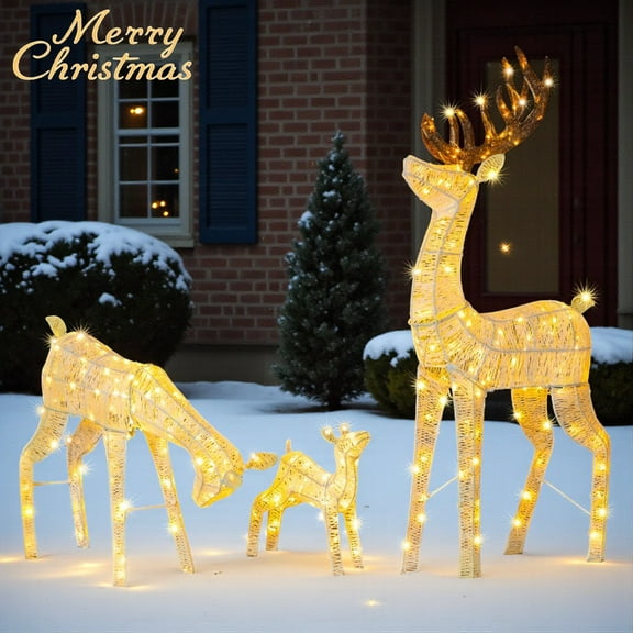 5FT Pre-Lit Christmas Reindeer Family Set – 280 Warm LEDs, Indoor & Outdoor Holiday Decoration, Buck, Doe & Fawn with Weather-Resistant Metal Frame & Waterproof Fabric, Easy Assembly (White)