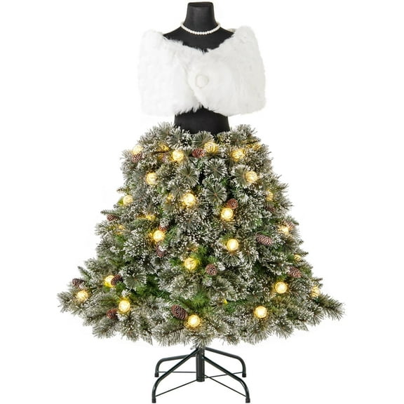 5FT Pre-Lit Dress Form Christmas Tree, Mannequin Artificial Xmas Tree with 465 Branch Tips, 50 LED Light Balls, 36 Natural Pine Cones, Shawl, Necklace, Holiday Decoration Tree for Home Party