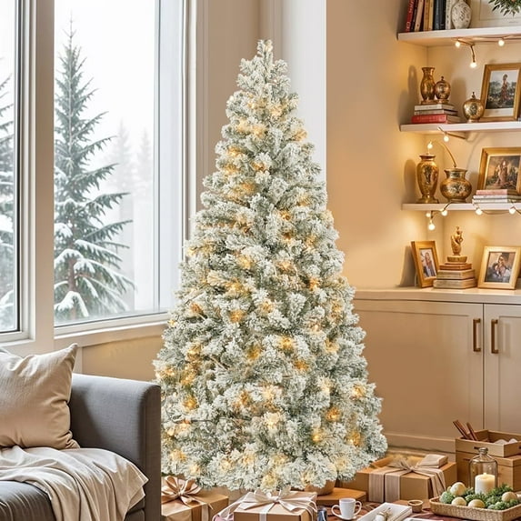 5FT Pre-Lit Hinged Christmas Tree Snow Flocked with 600 Tips 200 Lights