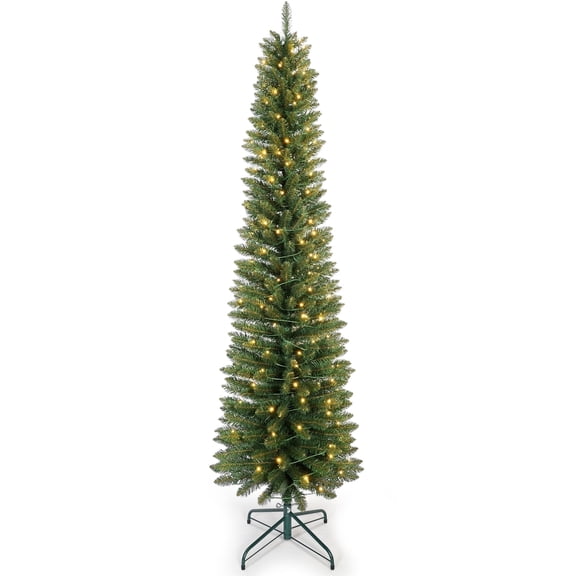 Bringstar 5FT Pre-Lit Pencil Christmas Tree,Artificial Green Xmas Trees, 100 LED Warm White Lights