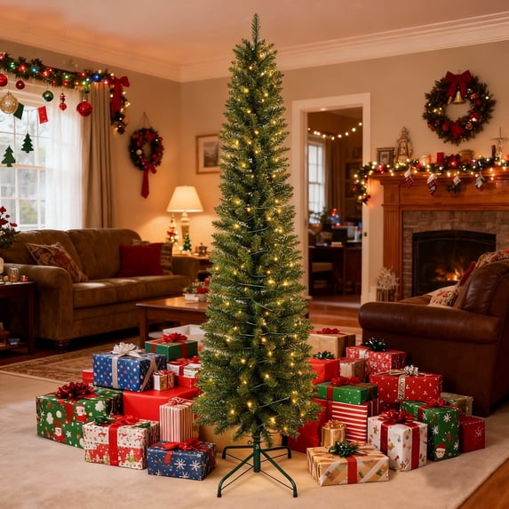 Bringstar 5FT Pre-Lit Pencil Christmas Tree,Artificial Green Xmas Trees, 100 LED Warm White Lights