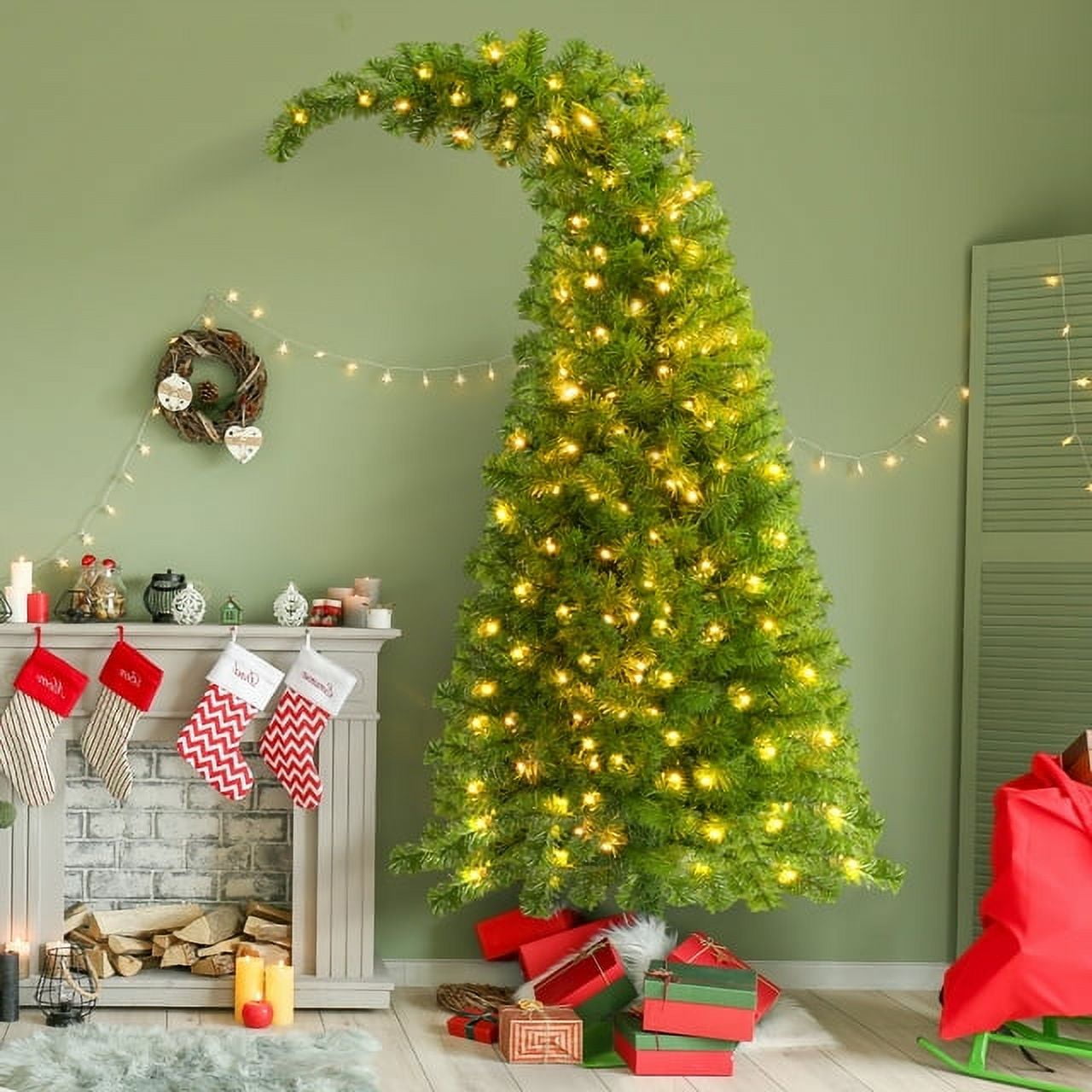5FT Prelit Bent Top Christmas Tree, Bendable Artificial Full Whooville
