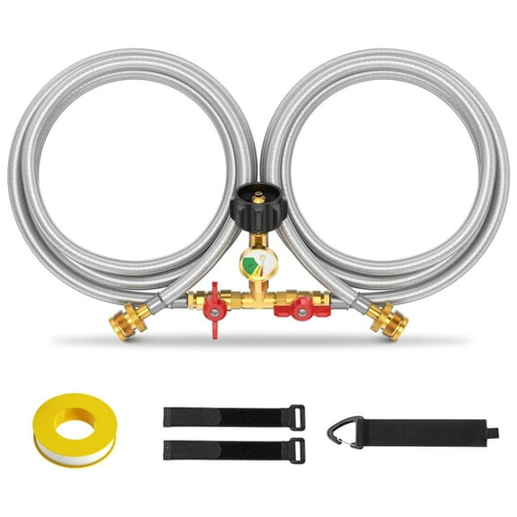 5FT Propane Hose Splitter,Stainless Braided Propane 2 Way Y Splitter Adapter Hose with Gauge,1 lb to 20 lb Converter with Shut Off Valve, Propane Hose Adapter 1lb Appliance to QCC1 5-40lb Tank,350PSI