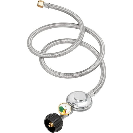 5FT Propane Regulator and Hose with Gauge, Fit for Propane Patio Heater, Fire Pit, Weber Grill and More, Stainless Braided