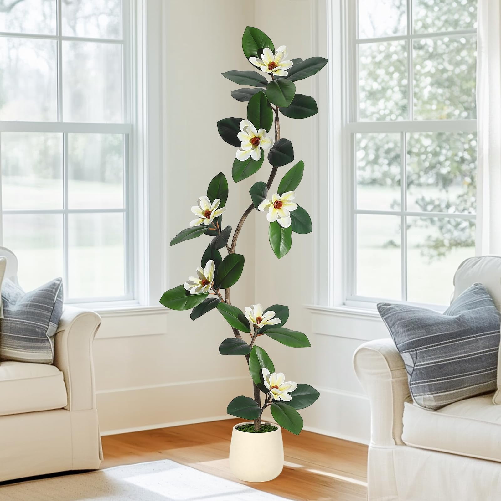 5FT Rubber Tree Artificial Tree, Fake Floor Plant with 7 Pcs Magnolia Flowers in White Planter Bonsai Planter, Indoor Tall Faux Plants for Living Room Home Decor, Gifts for Women