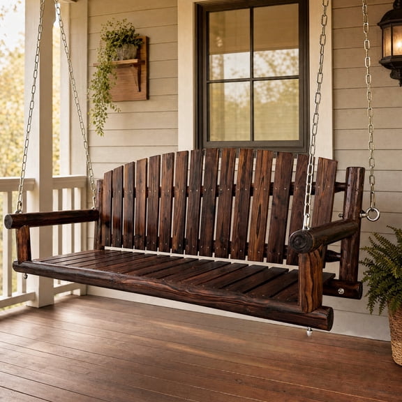 5FT Rustic Log Wooden Porch Swing, Heavy-Duty 900 LBS, Outdoor Hanging Bench for Patio, Garden, Yard Solid Fir Wood, Handcrafted, Weather-Resistant Finish (Rustic, 5-feet)