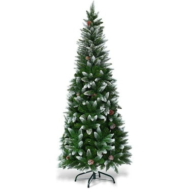 5FT Snow Flocked Pencil Christmas Tree with 421 PVC Tips, 21 Pine Cone Decorations, Foldable Metal Stand, Hinged Artificial Slim Christmas Tree Skinny Holiday Xmas Tree