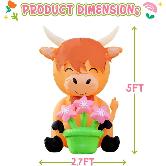 5FT Spring Inflatable Highland Cow and Flower Pots Outdoor Decoration