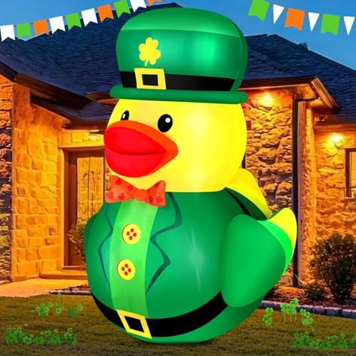 5FT St. Patrick's Day Giant Inflatable Duck Decoration Outdoor with Build-in LEDs Lights Blow Up Leprechaun Duck Wear Lucky Shamrocks Hat for Car Parade Mall Garden Patio Lawn Indoor Party