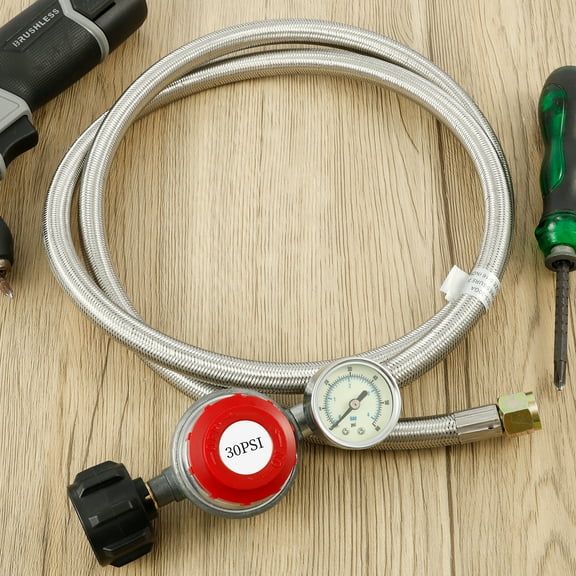 5FT Stainless Steel Brass Propane Regulator And Hose 30 PSI Adjustable Heat Resistant Gas Grill Regulator Hose for Turkey Fryer Fire Pit Camping Stove