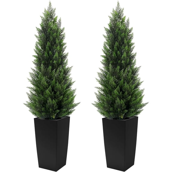 5FT Tall 2 Pack Artificial Cedar Topiary Trees with Compact Pyramidal Shape, Realistic Faux Cypress in Square Black Pot with Fillable Water Bag, Outdoor Evergreen for Front Porch Garden Home Decor