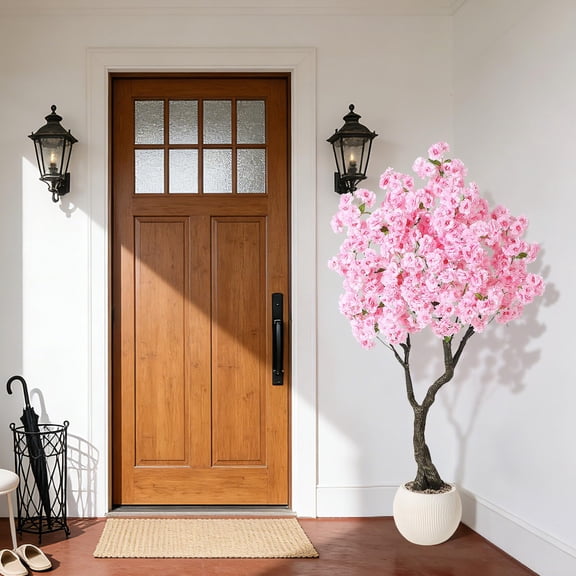 5FT Tall Artificial Cherry Blossom Tree, Pink Faux Flower Tree with Realistic Leaves & White Pot, Fake Potted Blossom Tree for Living Room Entryway