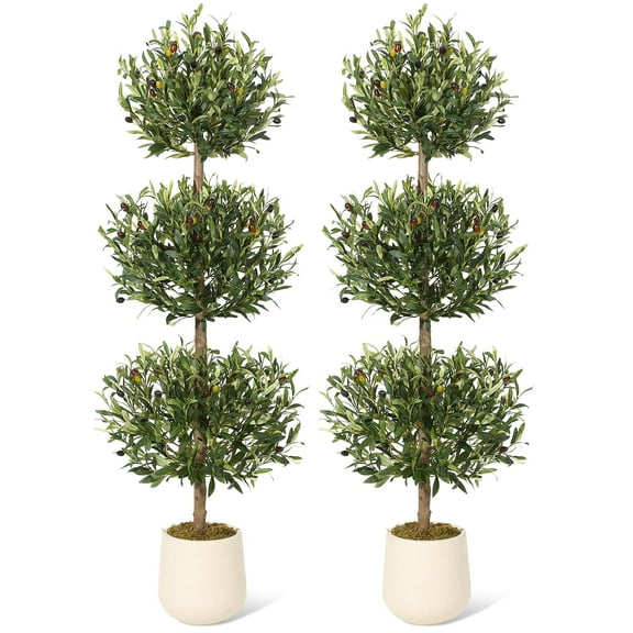 5FT Tall Artificial Olive Tree, 3-Tier Spherical Design Faux Olive Tree with Moss & Inner Pot, Realistic Fake Shrubs Trees, Round Bushes Fake Shrubs Potted for Home Offices Porch Decor, Set of 2