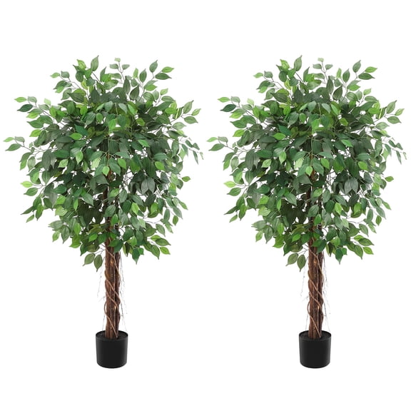 5FT Tall Faux Ficus Tree Set of 2, 756 Lush Leaves Artificial Plants in Black Nursery Pots, 2-Trunk Fake Greenery for Indoor Outdoor