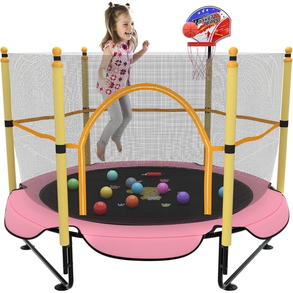 5FT Trampoline for Indoor Trampoline with Safety Enclosure Net, Mini Basketball Hoop, Jumping Mat for Entertainment Equipment Outdoor Backyard