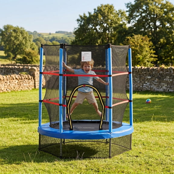 5FT Trampoline with Enclosure Net, Bungee System, Safety Enclosure, for Ages 3-6, Blue
