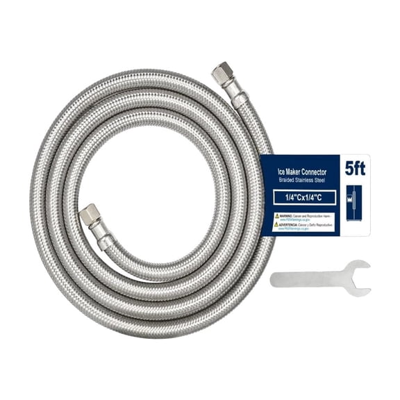Krydros 5FT Braided Stainless Steel Refrigerator Water Line, 1/4 Inch Quick Connect Fitting, Universal Ice Maker Water Supply Hose