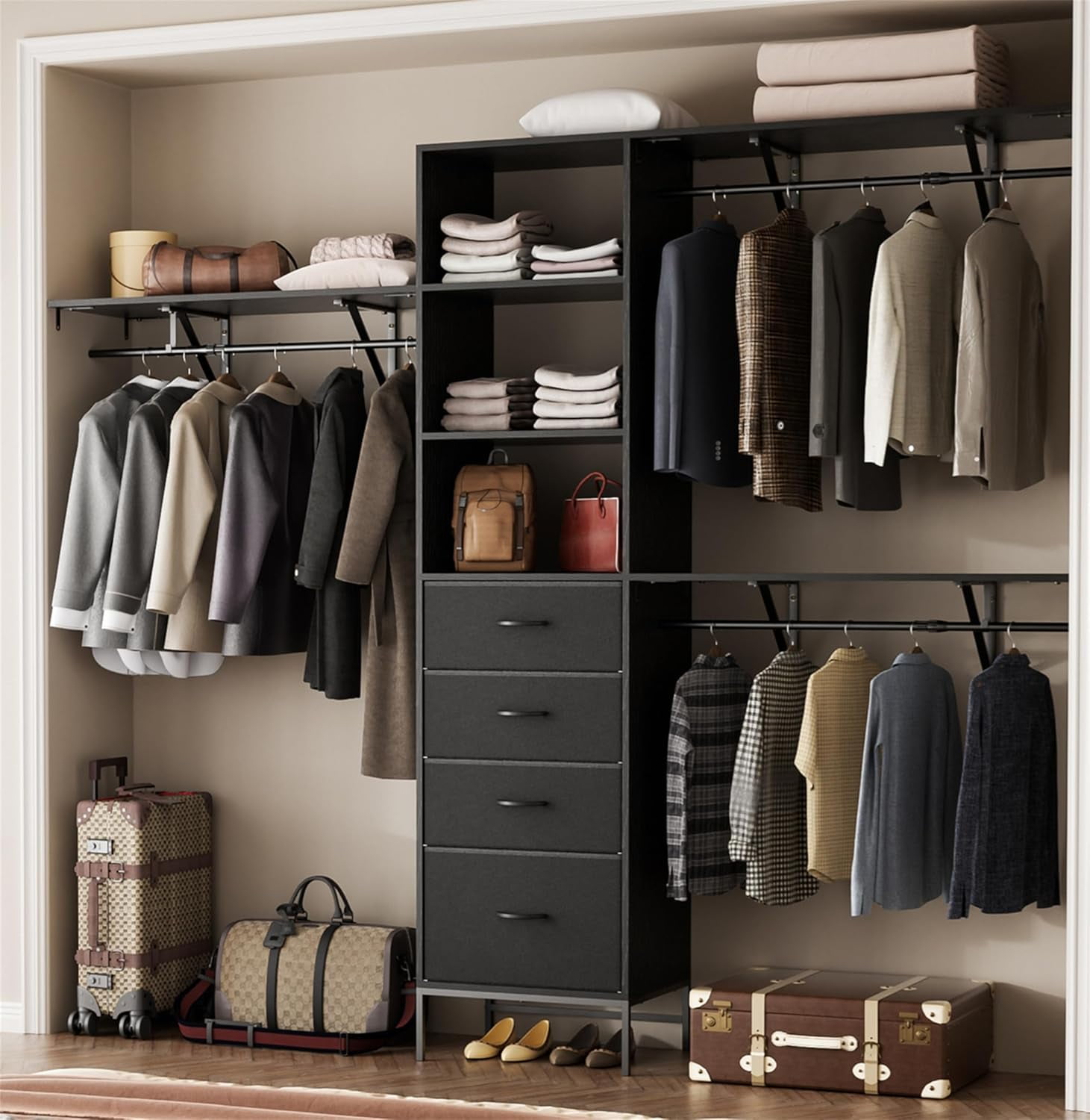 5FT Wood Closet System with 3 Drawers 59 Inches Wood Closet Organizer