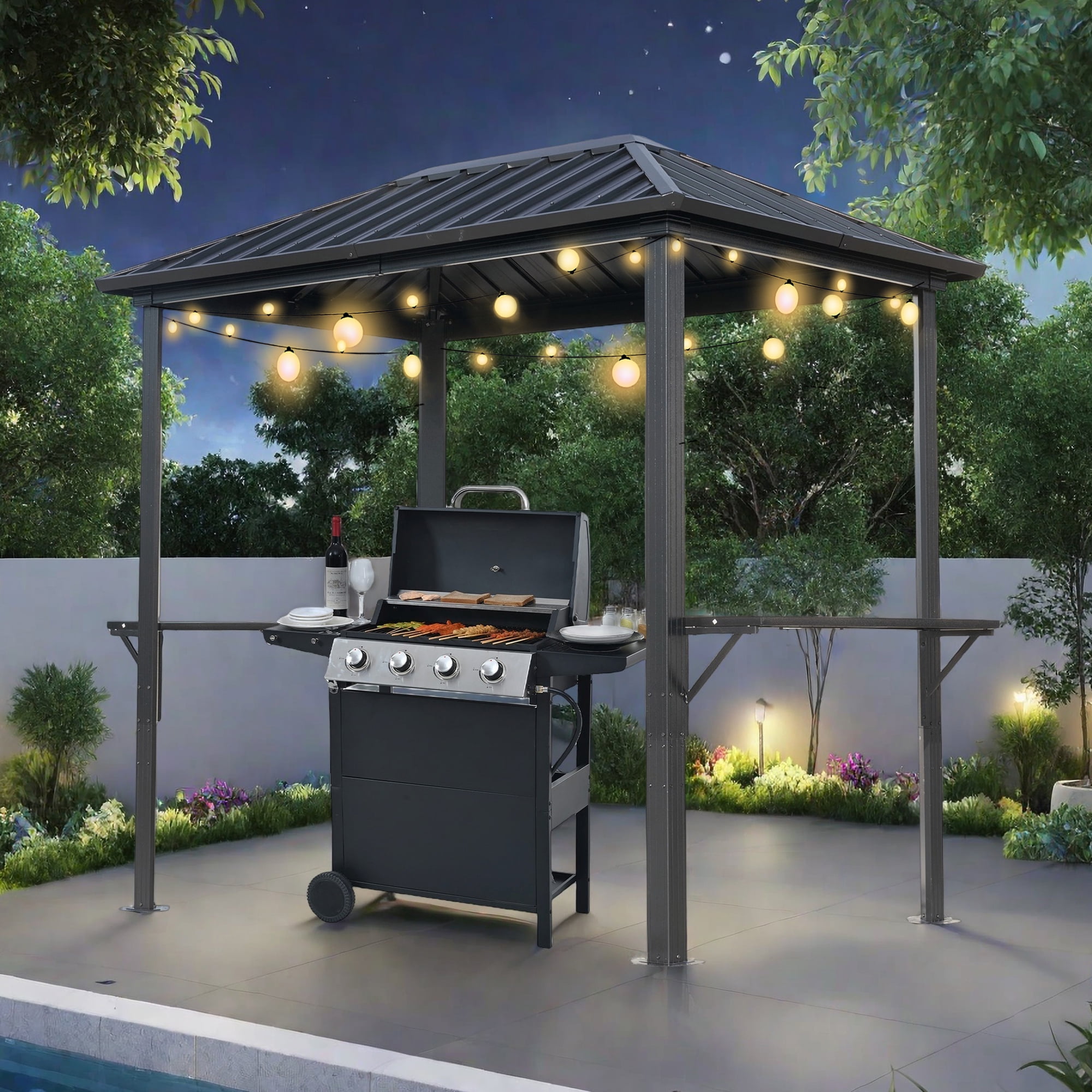 5FT x 8FT Single Hardtop Iron-Roof Aluminum Frame BBQ Gazebo for Outdoor Cooking