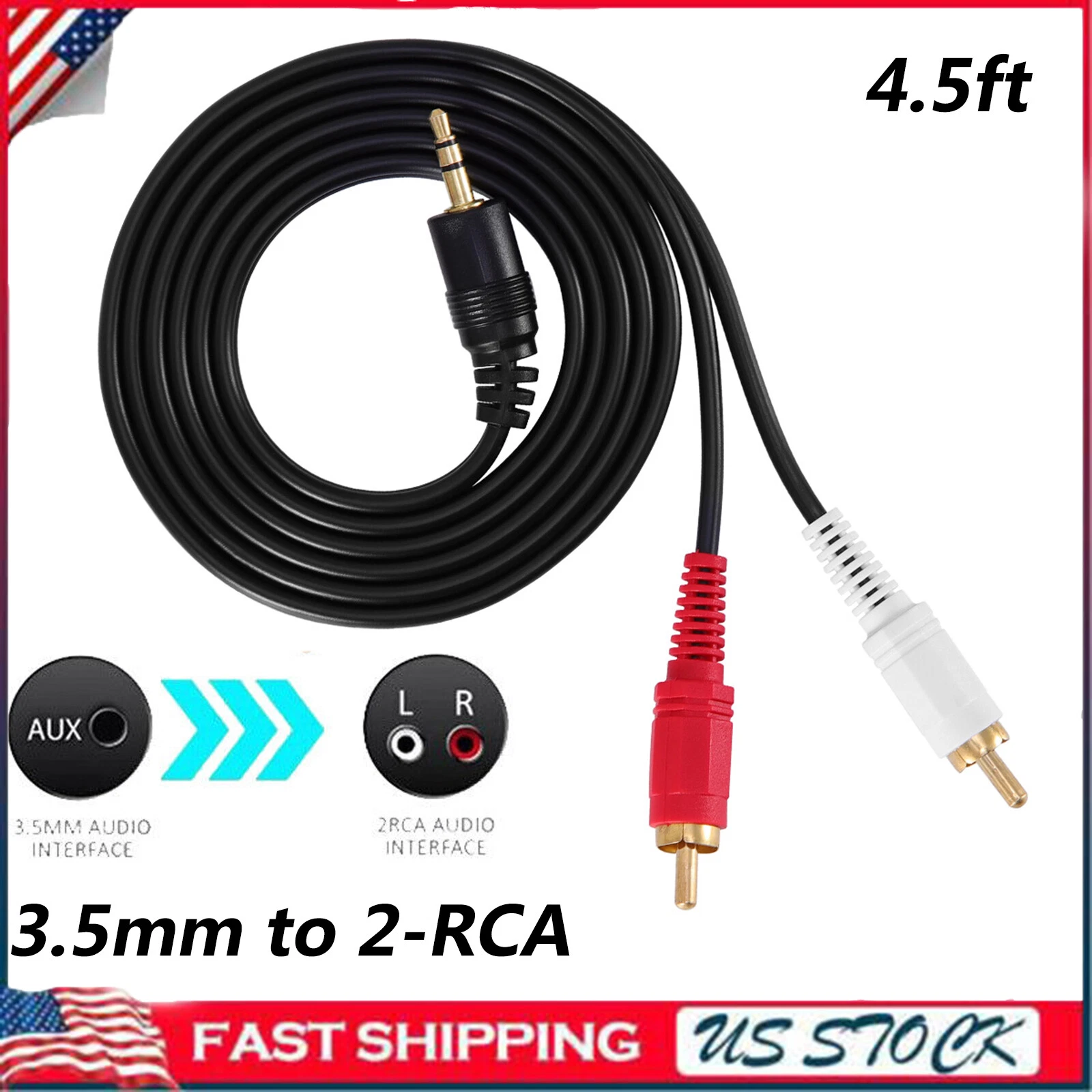 5Ft 3.5Mm To 2Rca Cable Stereo Audio Jack Adapter Aux Cord Y Splitter ...