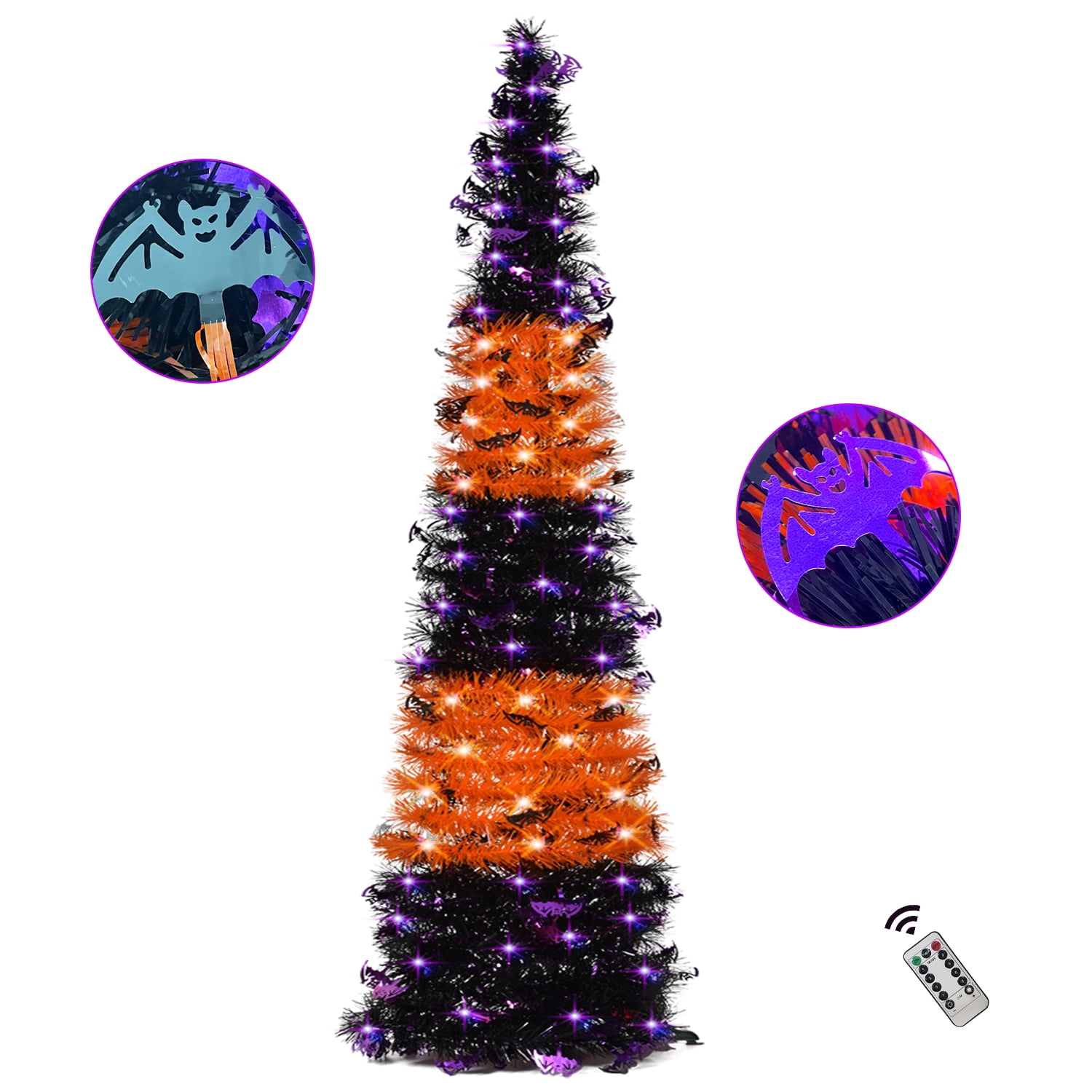 5Ft 50LED Tinsel Halloween Tree with Warm Lights RemoteTimer,Black and