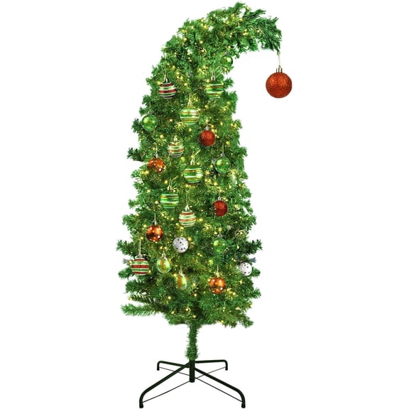 OOINQQ 5Ft Prelit Artificial Christmas Tree, Whimsical Bent Green Tree with Stand and Ball Ornaments, Indoor Home Office Xmas Decor