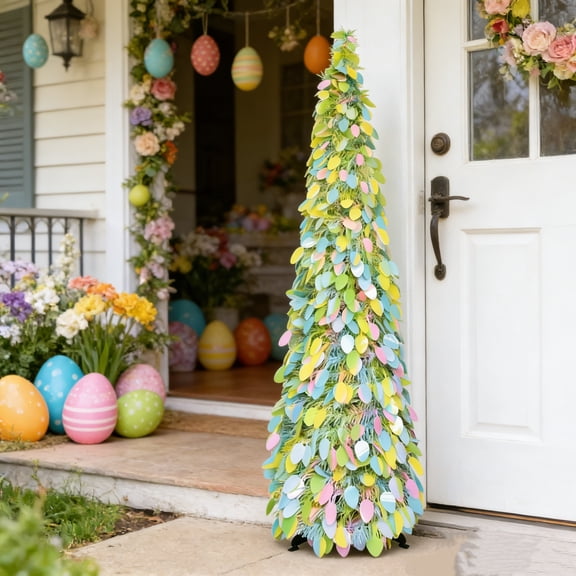 5Ft Artificial Easter Tree with String Lights Foldable Pop Up Pencil Tree for Indoor Home Party Garden Spring Holiday Tree Decorations
