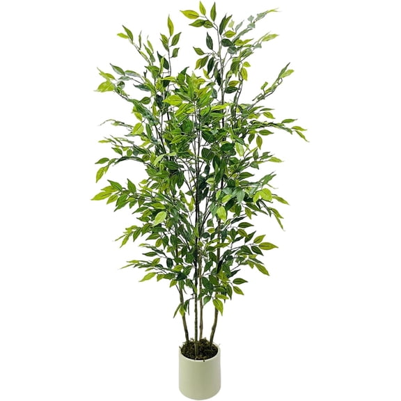 5Ft Artificial Ficus Tree, Silk Fake Ficus Leaves Plant with White Imitation Ceramic Planter, Indoor Outdoor Potted Faux Tree for Home Garden