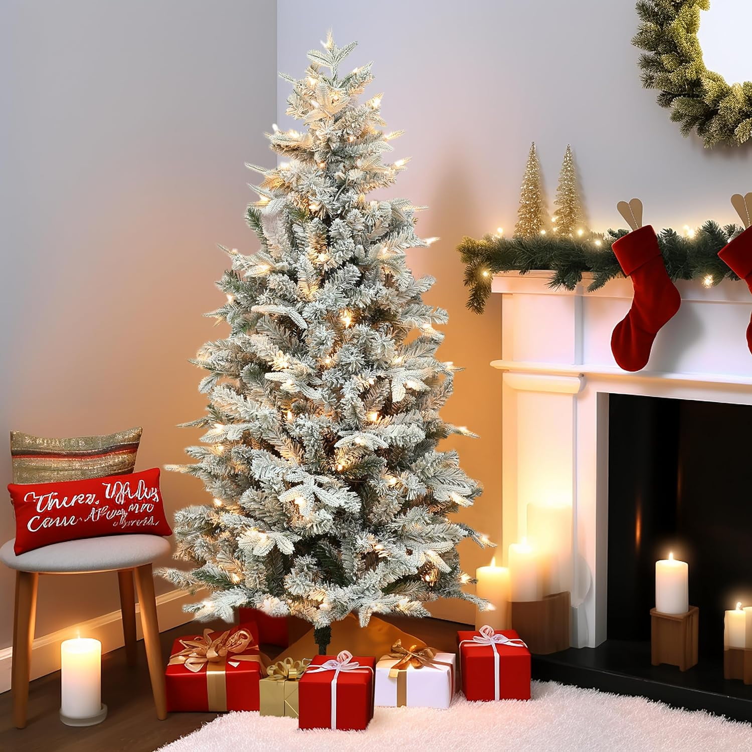 5Ft Christmas Tree, Prelit Slim Christmas Tree PreLit, Snow Flocked