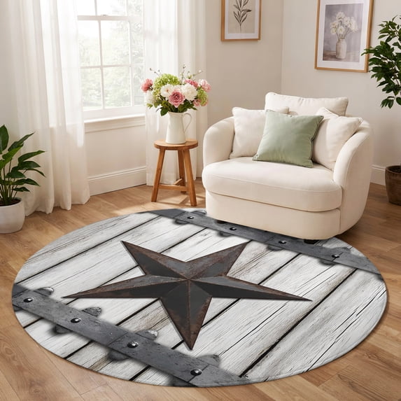 5Ft Country Star Round Area Rug Vintage Rust Grey Star Rivet Beige Wood ...