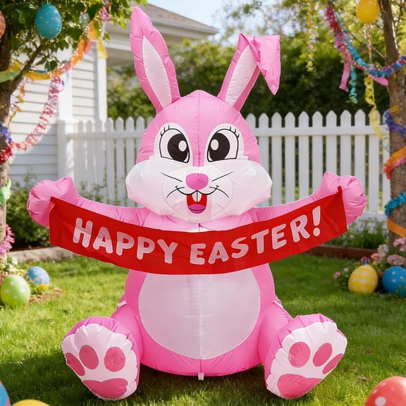 5FT Easter Bunny Inflatable,Easter Blow up Yard Decorations with LED Lights Easter Inflatable Pink